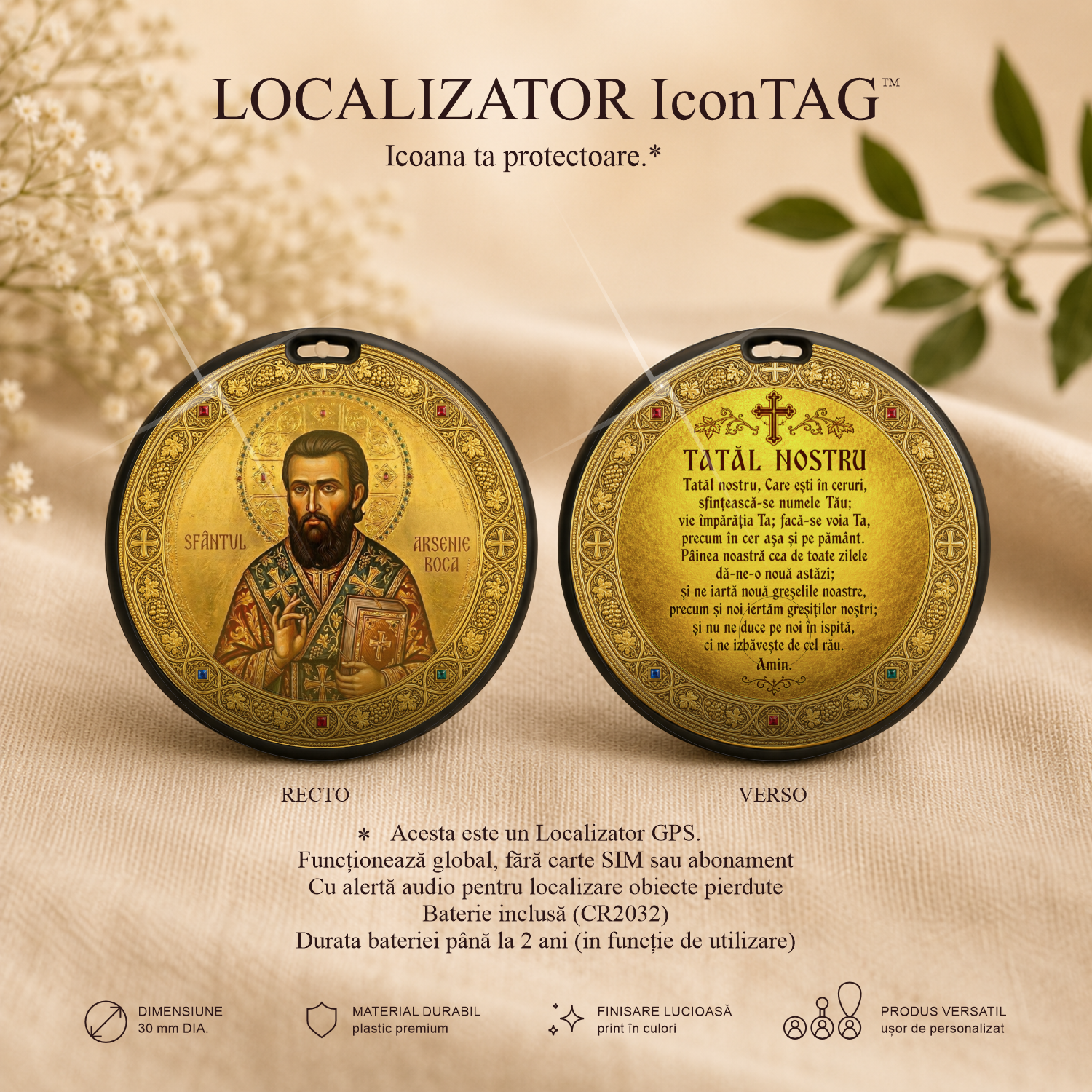 Sfântul Arsenie Boca / Tatăl Nostru - Localizator Icon TAG - Icoana ta protectoare